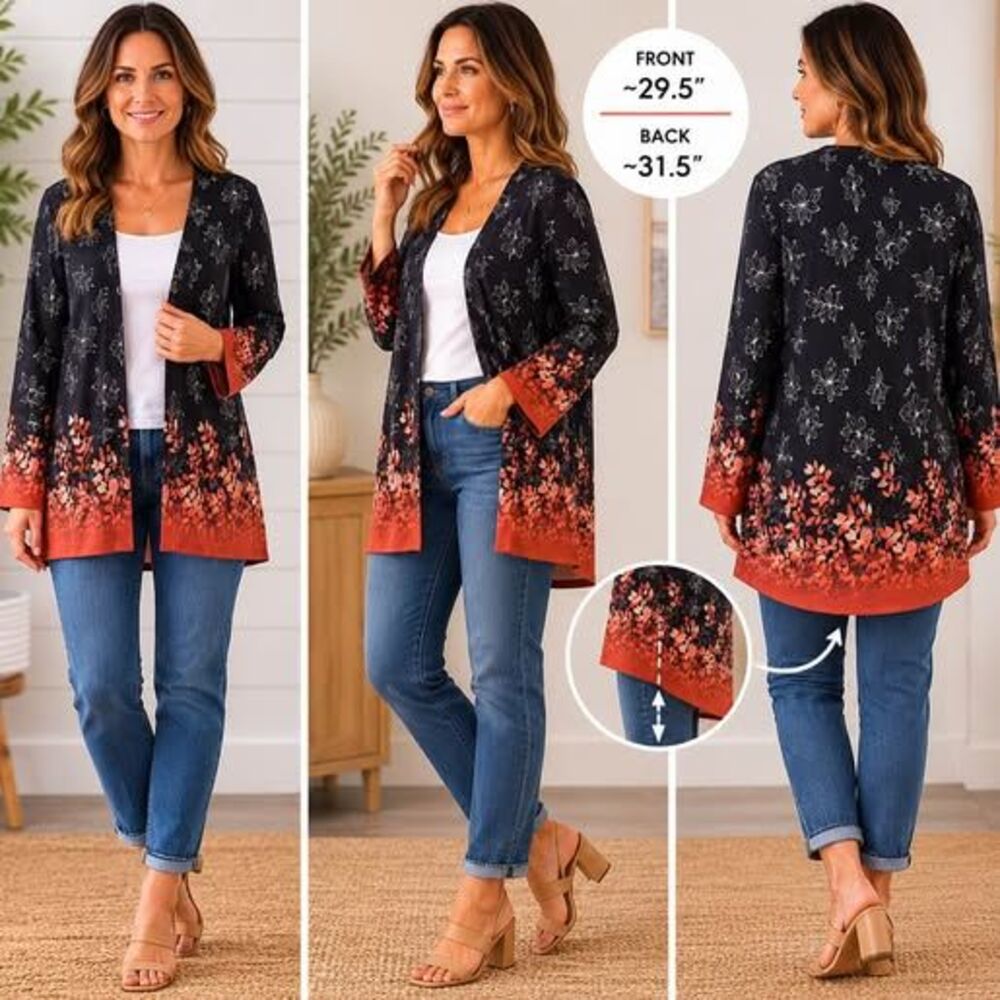 Boho Ombre Leaf Print Open Front Cardigan Jacket Black Orange Rust Size XL
